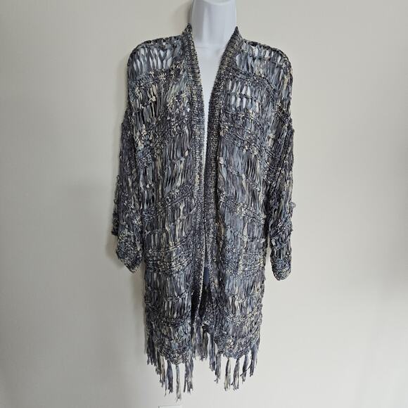 Open Knit Fringe Cardigan Sweater Womens Large Boho Festival Fringe Western - Picture 1 of 4